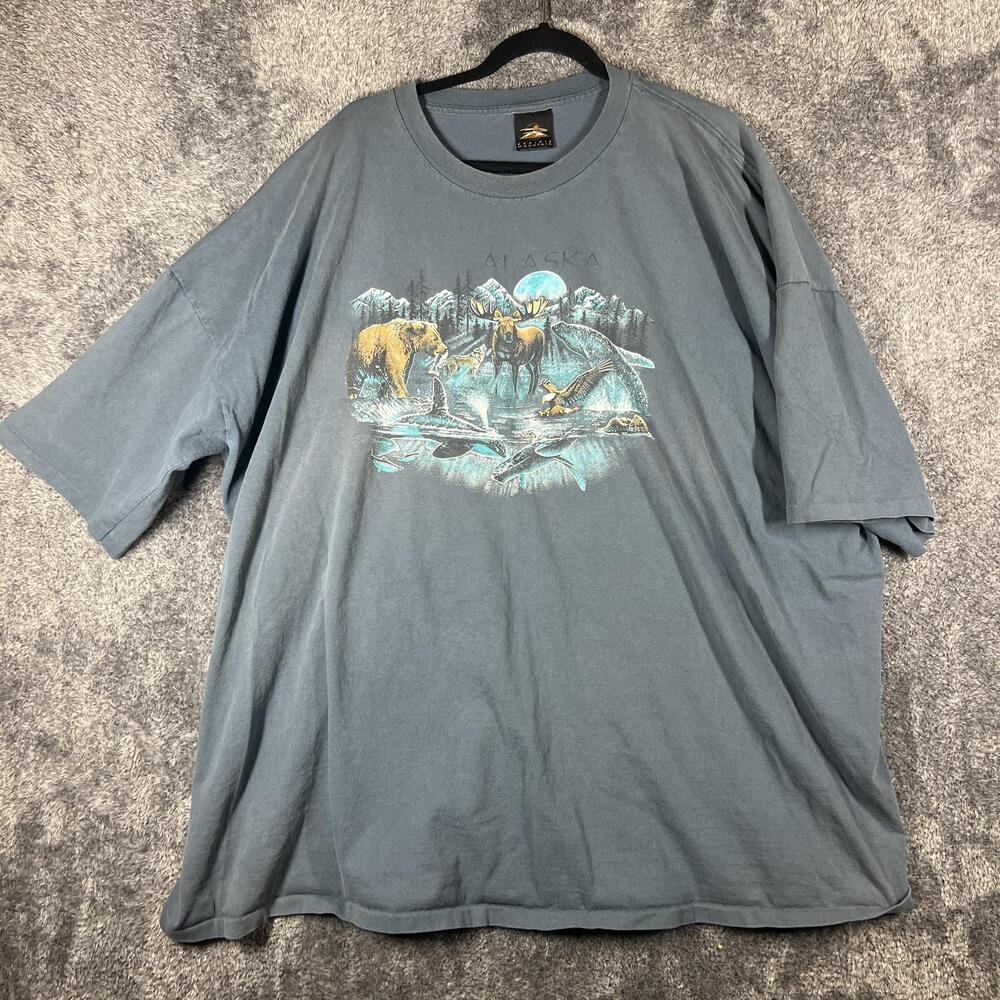 Alaska Shirt Mens L Blue Wildlife Graphic Crew Neck Cotton Prairie Mountain